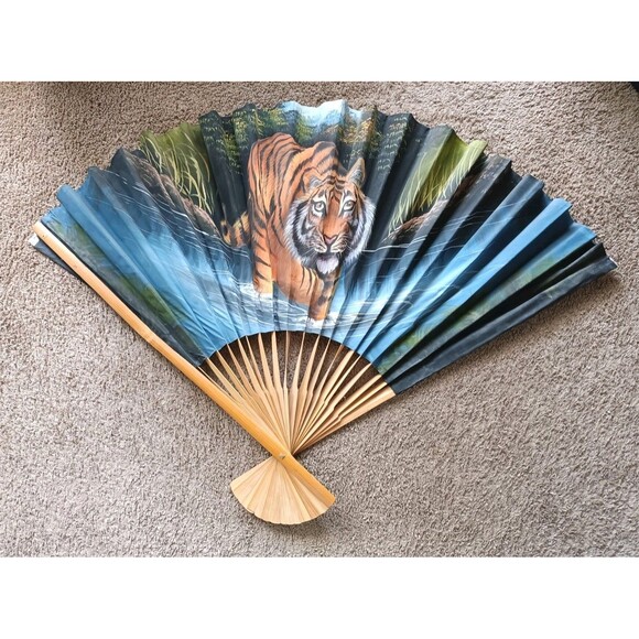 Handmade Other - Vintage Large Asian Wall Fan 35" Hand Painted Forest Tiger